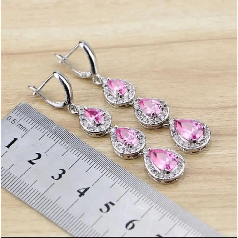 Pink Sapphire Silver Drop Dangle Earrings